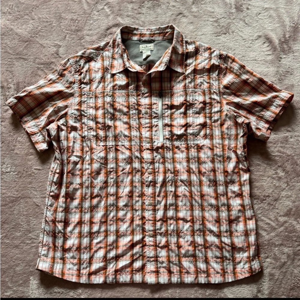 LL Bean Mens Button Front Plaid Shirt Poly/Spandex blend Sz XLarge
